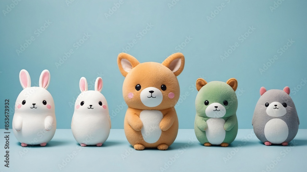 Five Plush Toys in a Row on a Blue Background Five Plush Toys in a Row on a Blue Background