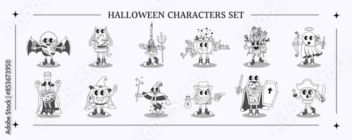 Set of Halloween groovy cartoon characters in a monochrome palette. Vector illustration with cute characters in retro style