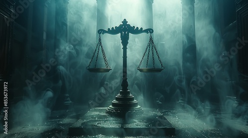 An eerily lit balance scale represents justice amidst a mist-covered atmosphere in a classic courtroom setting photo
