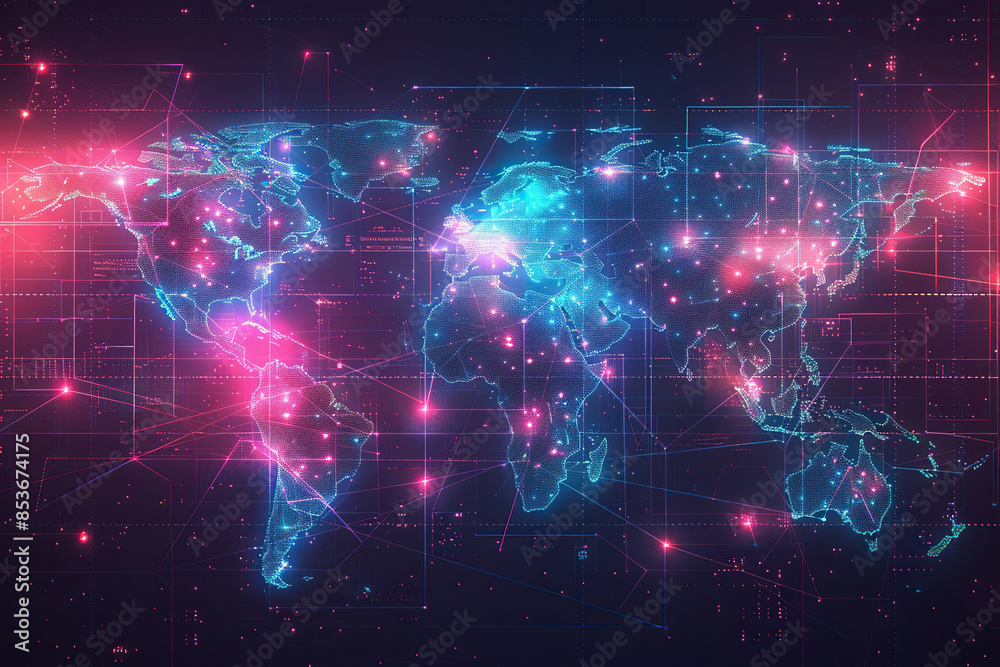 Obraz premium Digital illustration of a world map with dots, signals and neural connections. Generated by artificial intelligence