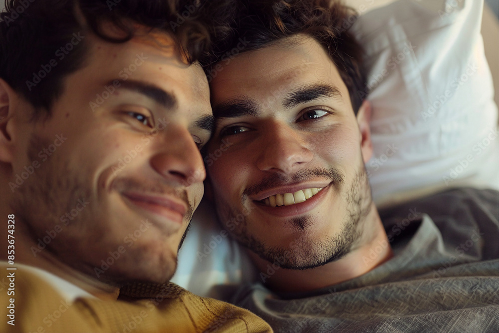 AI generated image of a happy beautiful lgbt couple handsome men spending time at home together AI generated image of a happy beautiful lgbt couple handsome men spending time at home together