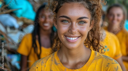 Joyful curly-haired young woman smiling for the camera, with volunteer group in the background © svastix