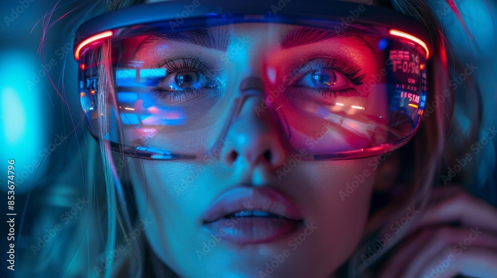 Intense close-up portrait of a woman with futuristic augmented reality glasses in a neon setting Intense close-up portrait of a woman with futuristic augmented reality glasses in a neon setting