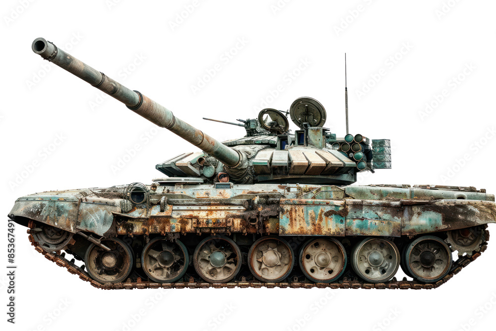 Rusty, old military tank with weathered exterior and large cannon, isolated against a white background. Represents history and warfare. Rusty, old military tank with weathered exterior and large cannon, isolated against a white background. Represents history and warfare.