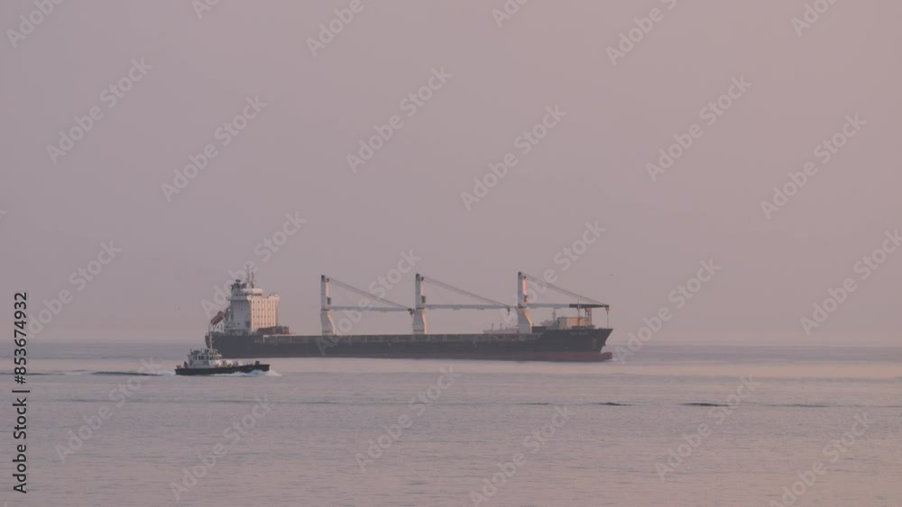 Pilot vessel passing a large container vessel en route to Cape Town port at dawn. First light visible on superstructure, sea gulls flying. Audio retained for ambience in documentaries. Pilot vessel passing a large container vessel en route to Cape Town port at dawn. First light visible on superstructure, sea gulls flying. Audio retained for ambience in documentaries.