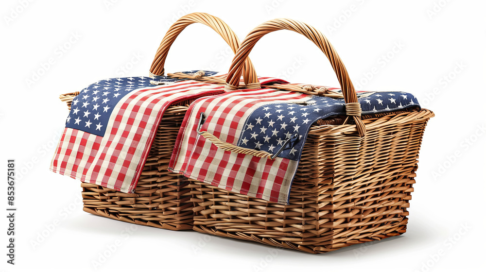Two wicker picnic baskets adorned with American flag covers, perfect for patriotic events, outdoor gatherings, and festive picnics. Two wicker picnic baskets adorned with American flag covers, perfect for patriotic events, outdoor gatherings, and festive picnics.