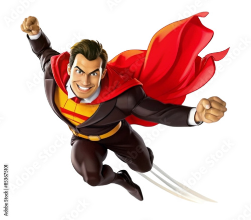 Distinguished superhero person flies with red cape