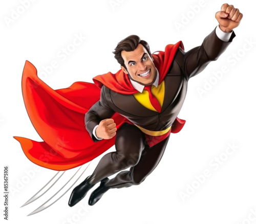 Distinguished superhero person flies with red cape