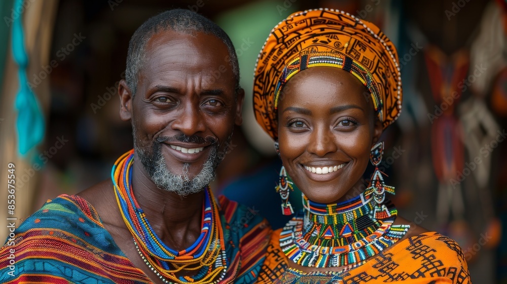 Mature African couple in colorful traditional clothing, exuding warmth and togetherness
