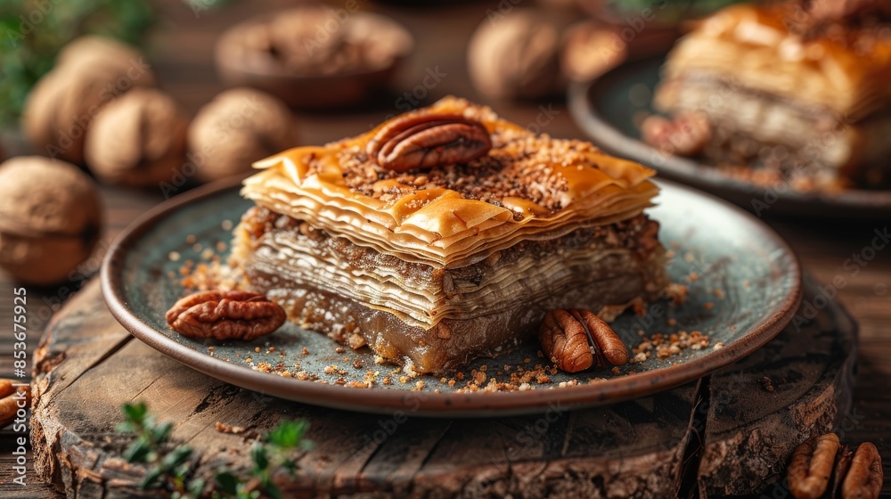 Gourmet baklava dessert beautifully presented with pecans and green mint on a wooden backdrop