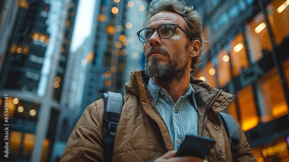 Thoughtful middle-aged man looking up, urban skyscrapers and lights behind him