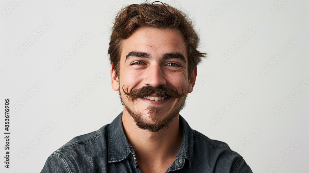 Obraz premium A handsome lively friendly young latin american Italian guy with handlebar english moustache and beard smile for the camera white background