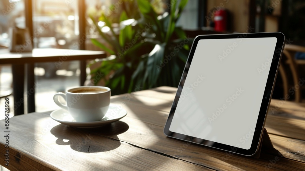 Digital Workstation Tablet and Coffee on Wooden Table in Sunlit Cafe. Generative AI Digital Workstation Tablet and Coffee on Wooden Table in Sunlit Cafe. Generative AI