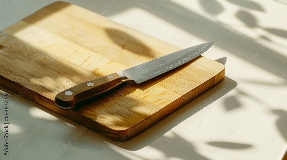 Serrated Knife on Wooden Cutting Board with Natural Light and Leaf Shadows. Generative AI