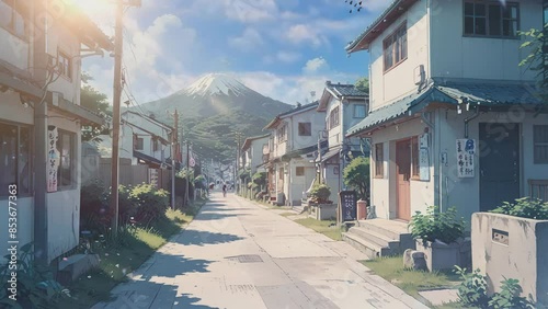Anime-style Video of a street in a Japanese town. There are houses on both sides of the street and a mountain in the background. The sky is blue and the sun is shining. photo
