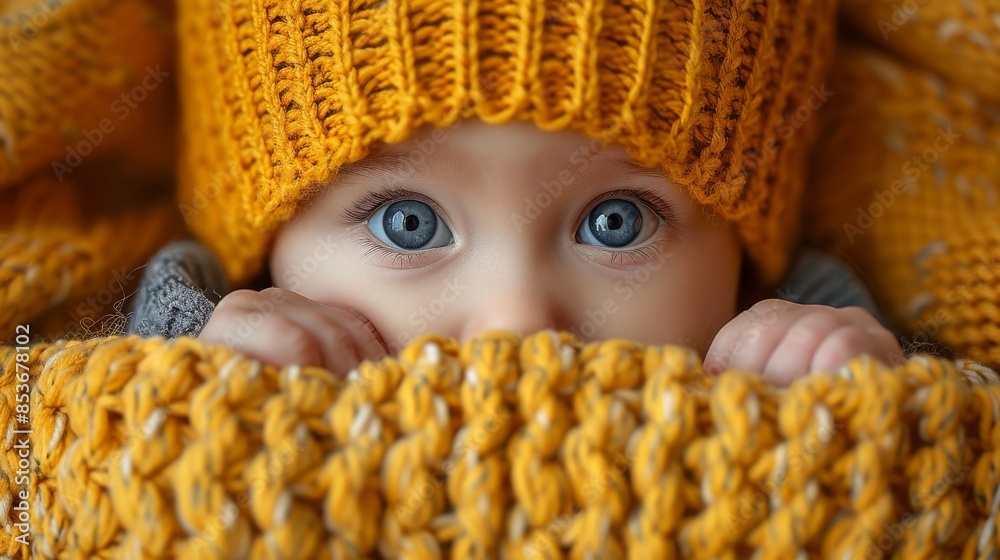 Detailed close-up image of a soft knitted texture illustrating the pattern of stitches in a yellow garment Detailed close-up image of a soft knitted texture illustrating the pattern of stitches in a yellow garment