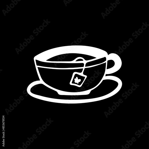 A cute hand-drawn cup of tea, a hot beverage doodle, black and white icon