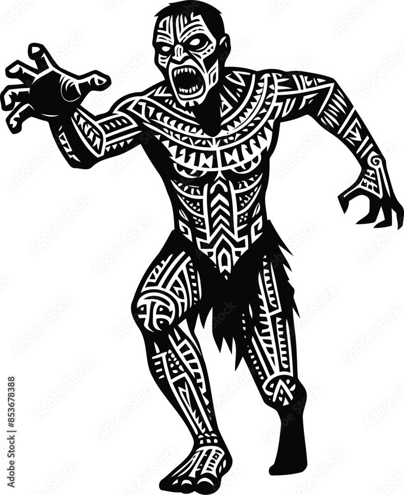 Fototapeta premium zombie in silhouete with Polynesian ethnic pattern illustration