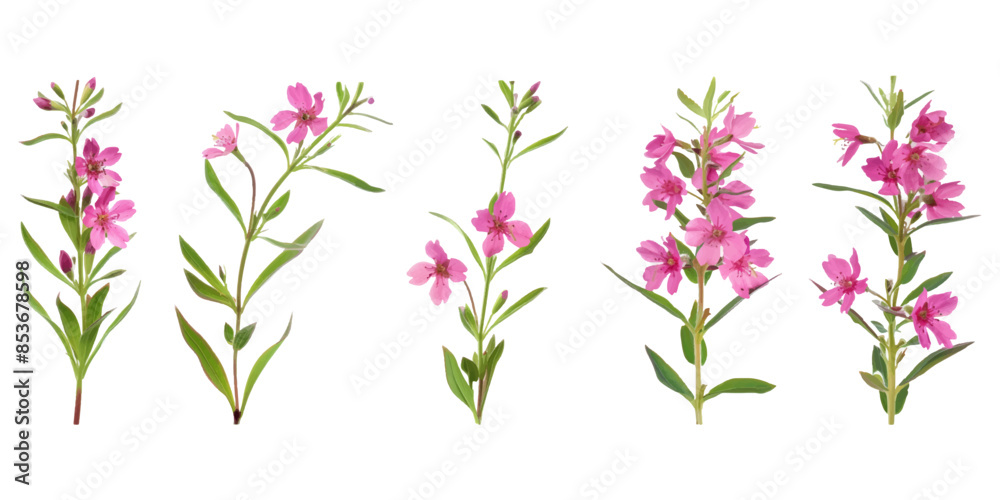 different angles of pink willowherb on a white background different angles of pink willowherb on a white background