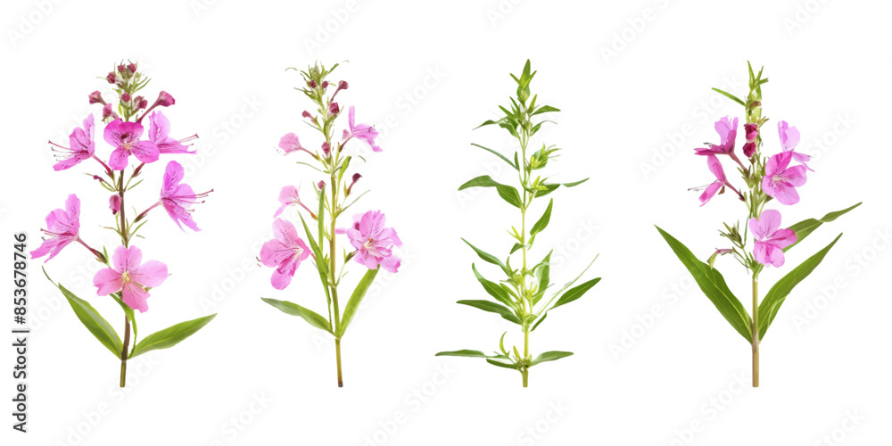 different angles of pink willowherb on a white background different angles of pink willowherb on a white background