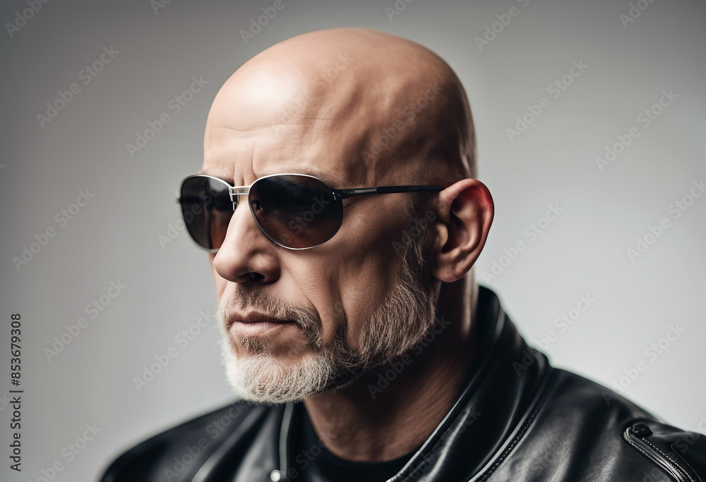 portrait of an bald American biker man, isolated white background portrait of an bald American biker man, isolated white background