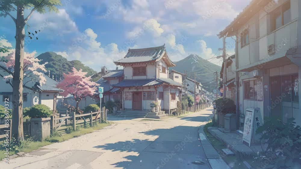 Anime-style Video of a street scene in an Asian town. There are traditional Japanese houses on either side of the street, and cherry blossoms are blooming on the trees. Anime-style Video of a street scene in an Asian town. There are traditional Japanese houses on either side of the street, and cherry blossoms are blooming on the trees.