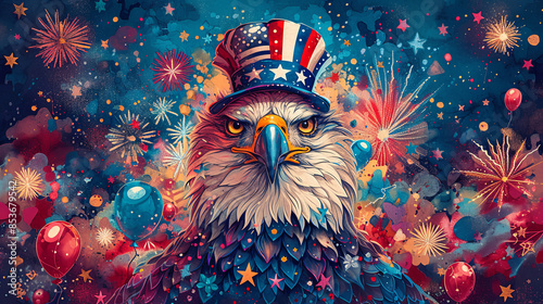 Festive artwork of a bald eagle wearing a patriotic hat, surrounded by colorful fireworks and balloons, celebrating American pride.