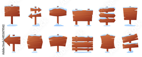Wooden banner with snow caps. Snowy signboards, new year and christmas decoration elements. Direction signs and billboards, nowaday vector set