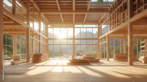 Sunlit Modern Architectural Wooden Building Construction Site