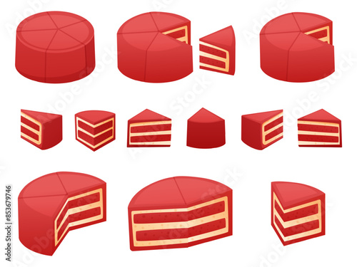 Cake pieces infographics. Sweet dessert piece and full in various view. Infographic elements, half and parts for different business info, nowaday vector set
