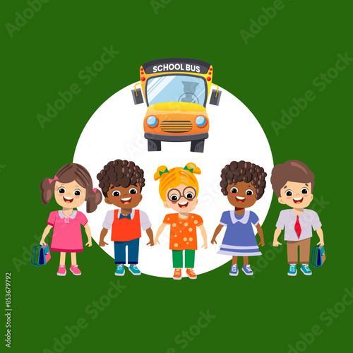 school bus and schoolchildren on a green background and a white circle