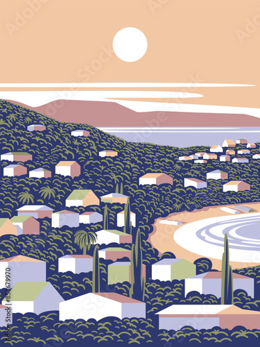 Mediterranean romantic landscape with houses in the first plan, sea and islands in the background. Handmade drawing vector illustration. Retro style  minimalist 1960s poster.
