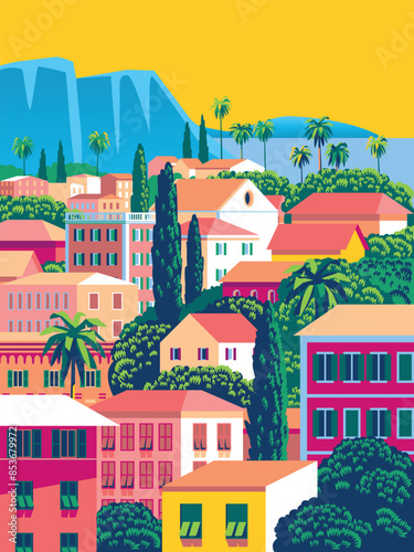 Mediterranean romantic landscape with village in the first plan, sea and mountains in the background. Handmade drawing vector illustration. Can be used for posters, banners, postcards, books etc.