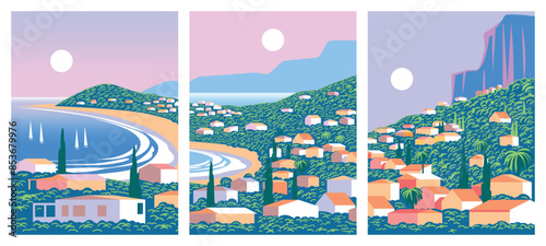 Set of posters with Mediterranean romantic landscapes with houses in the first plan, sea, mountains and islands in the background. Handmade drawing vector illustration. 