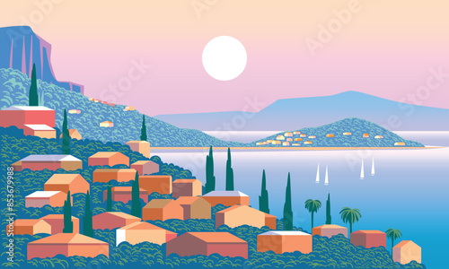 Mediterranean romantic landscape. Handmade drawing vector illustration. Can be used for posters, banners, postcards, books & etc.