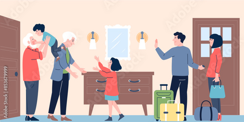 Meet with grandparents. Grandchildren hug grandma and grandpa. Grandson granddaughter and their parents, happy big family recent vector scene