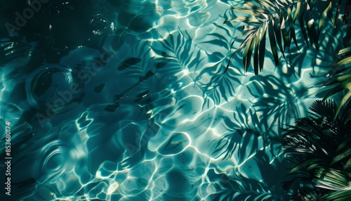 Blue sea or pool water with reflecting green tropical leaves