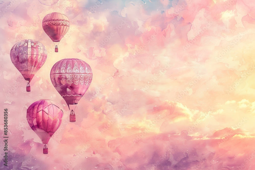 Obraz premium Serene Aerial Wonderland: Whimsical Hot Air Balloons Drifting in Pastel Watercolor Sky