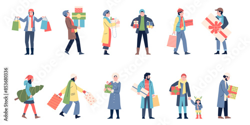 Christmas shopping characters. People hold gift boxes and bags, holiday time. New year sale and discount. Flat happy men women recent vector set