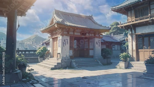 Anime-style Video of a Japanese courtyard featuring a cherry blossom tree prominently in the foreground. The surrounding buildings have wooden frames and tiled roofs. The sky is blue with scattered cl photo