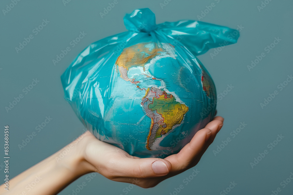 A globe in a bag, hand holding the bag A globe in a bag, hand holding the bag