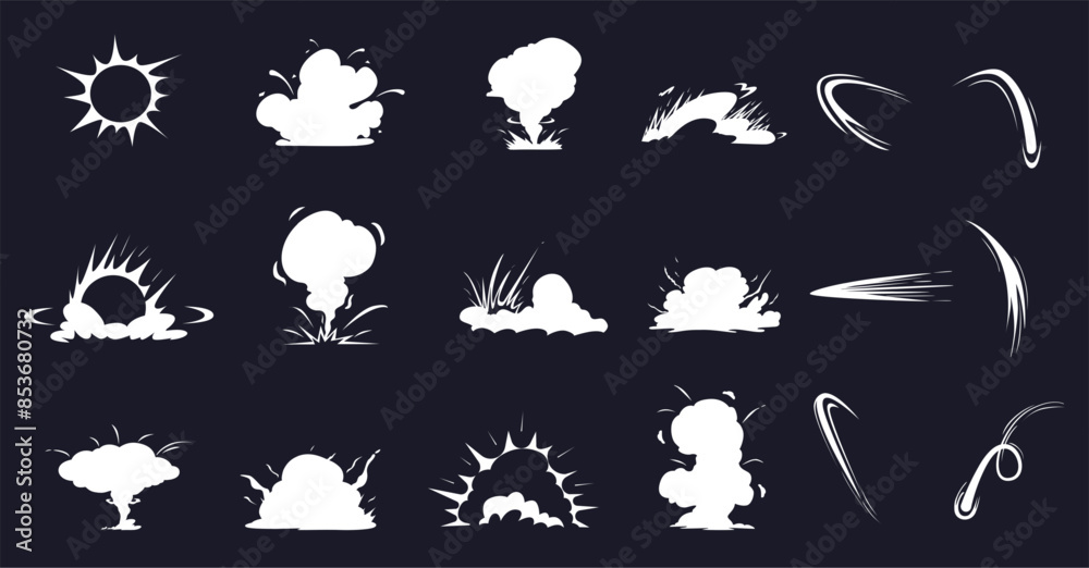 Fototapeta premium Explosion cartoon comic effects. White clouds of fog, smoke. Flash of energetic blow, bomb dynamite explosions, game elements nowaday vector clipart