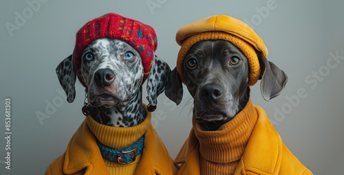Two labrador dogs wearing autumn high fashion, knitted hats, turtleneck and coat, anthropomorphism concept