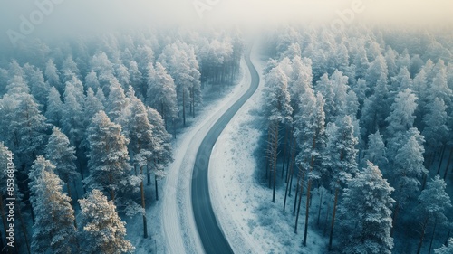 Serene Winter Road Through a Snow-Covered Forest in a Mystical Morning Haze © Sariyono