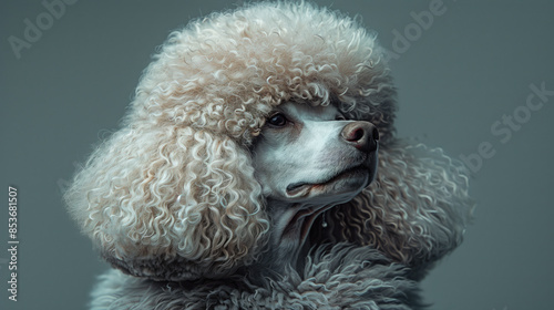 Beautiful light grey poodle with big poofy hair, side angle portrait against a grey background, pet studio photography