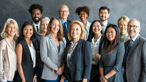 A group of diverse business professionals posing for a photo. They are all smiling and wearing formal business attire.