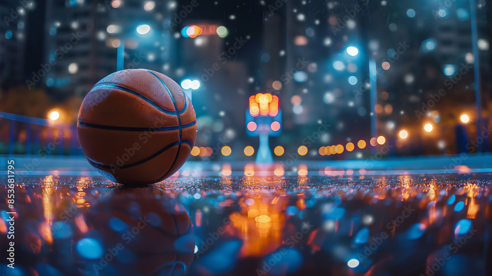 Basketball on Rainy Street at Night, Urban Atmosphere with City Lights Basketball on Rainy Street at Night, Urban Atmosphere with City Lights