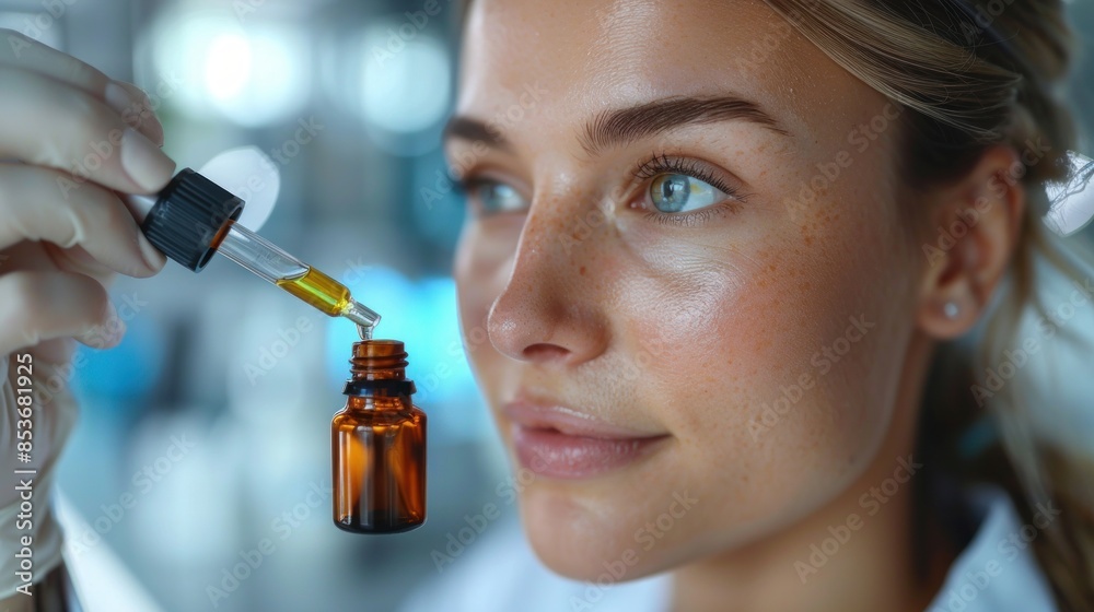 A female cosmetologist holds a pipette with essential oil before aromatherapy and massage to the patient. aromatherapy.Close-up. A female cosmetologist holds a pipette with essential oil before aromatherapy and massage to the patient. aromatherapy.Close-up.