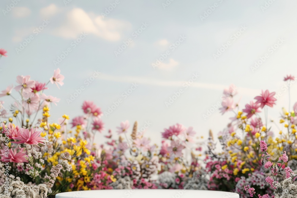 Obraz premium A field of flowers with a blue sky in the background
