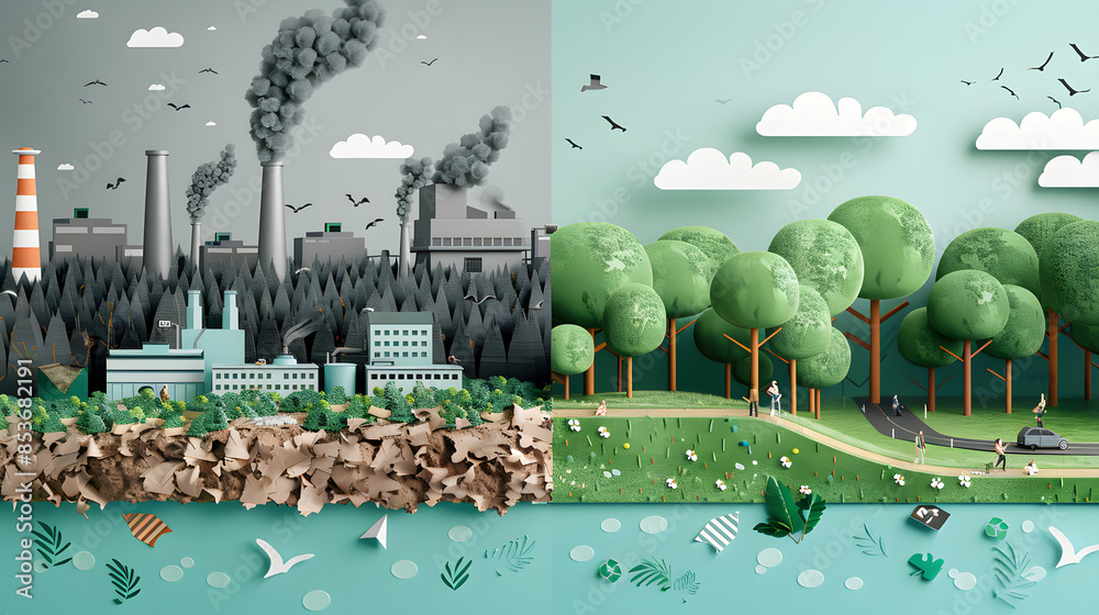 A split image showing on one side a barren,by factories and pollution ...